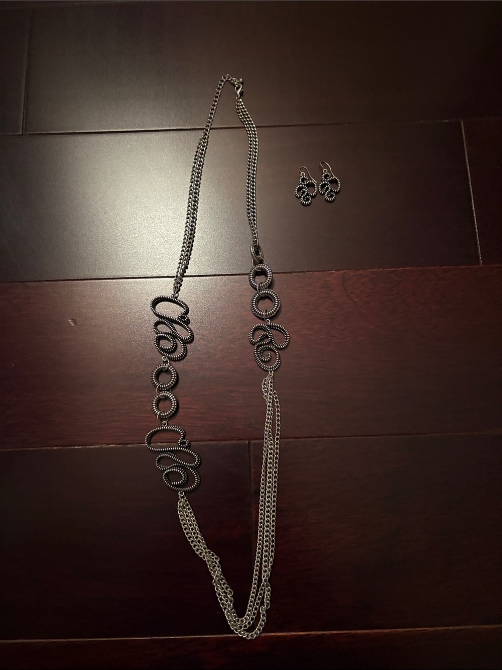 Silver-Tone Swirl Link Long Necklace with Matching Earrings
